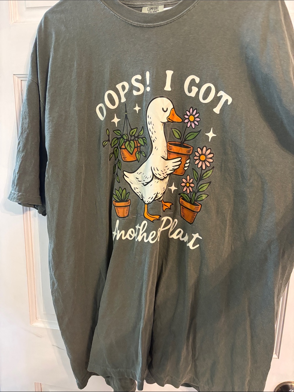 Comfort Colors Olive Green Graphic Tee with White Goose & Orange Pots